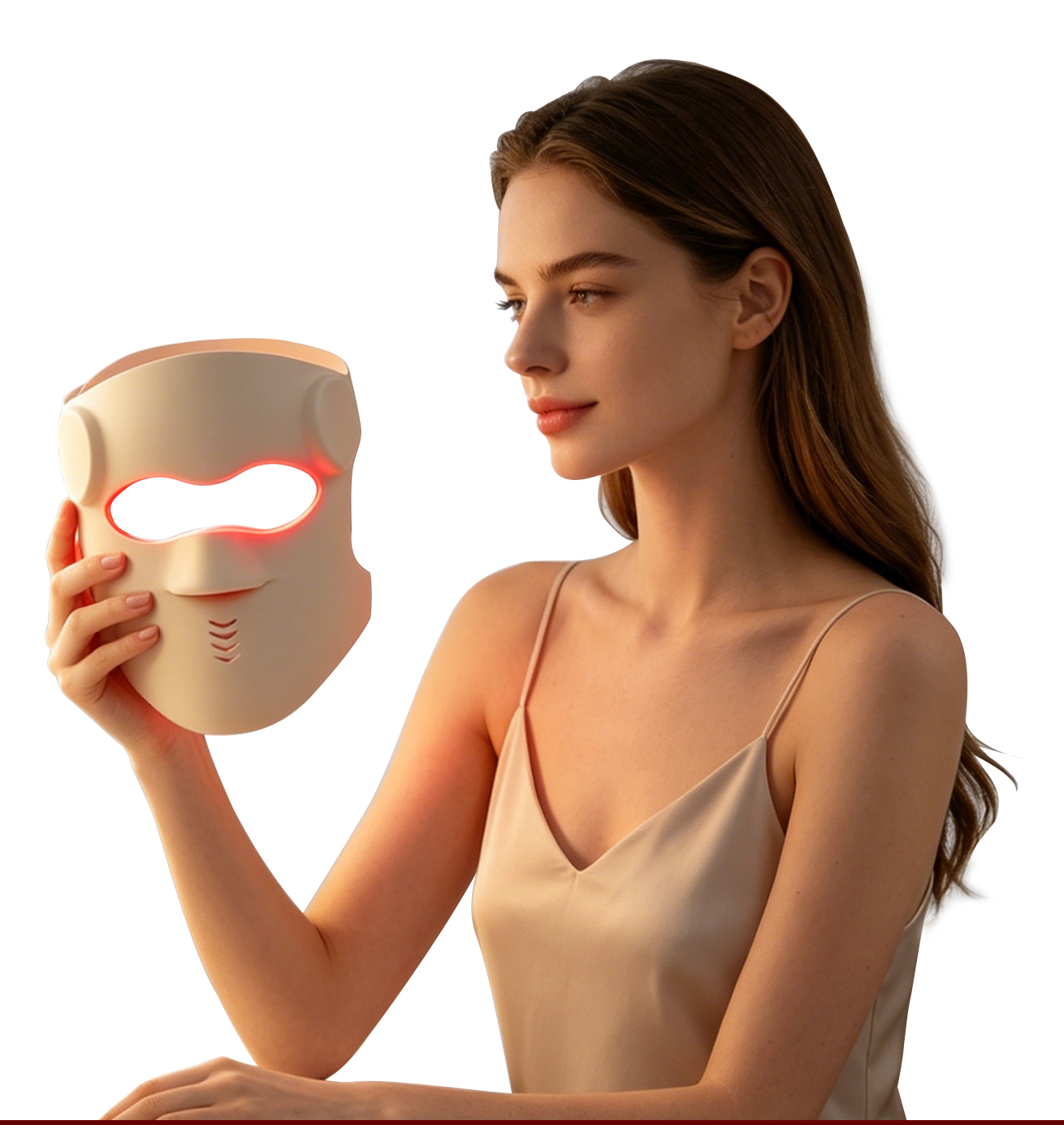 Woman inspecting a red light therapy LED face mask with visible silicone structure