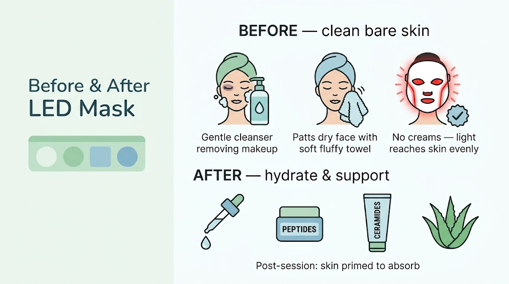 Before and after LED mask skincare guide: clean bare skin before treatment, hydrating serums and ceramides after