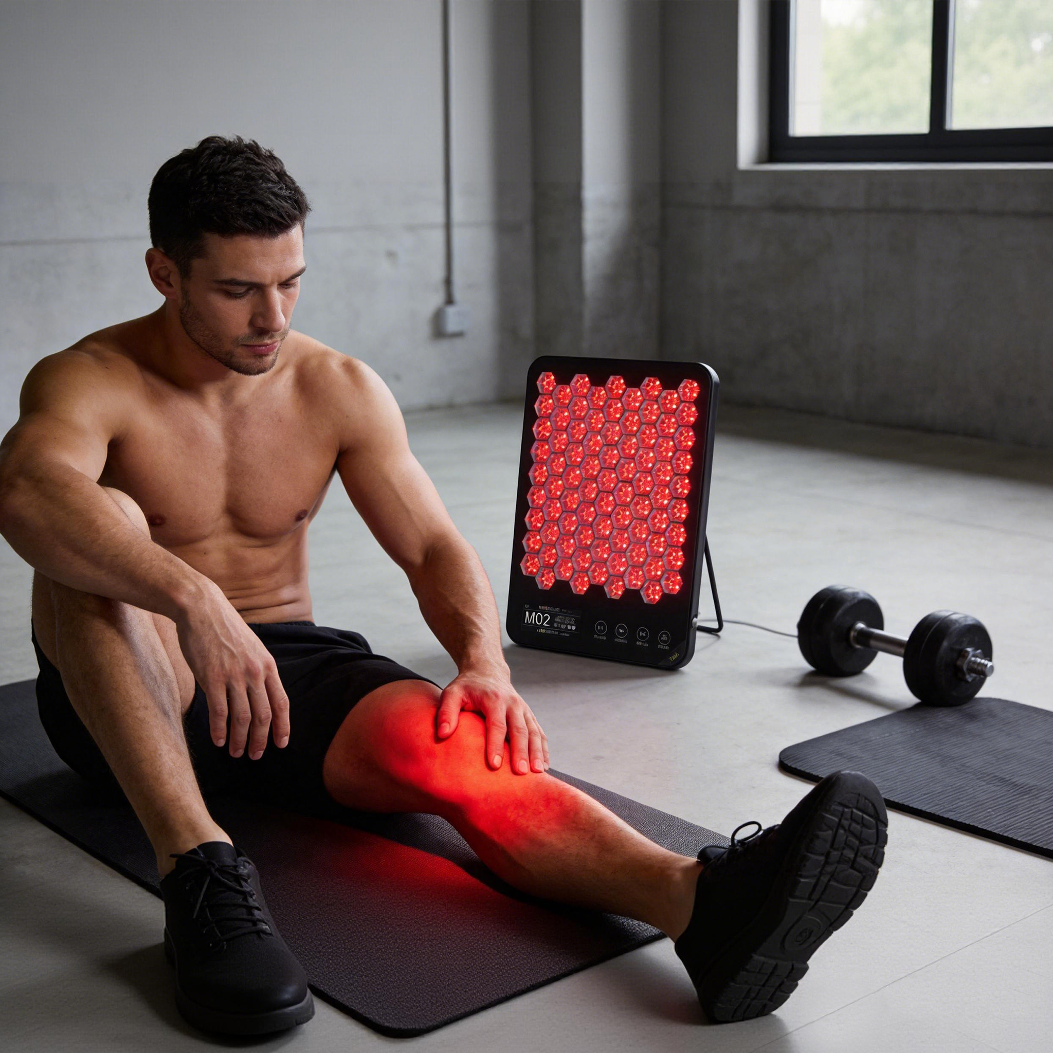 Athlete using a near-infrared LED therapy panel for post-workout muscle recovery