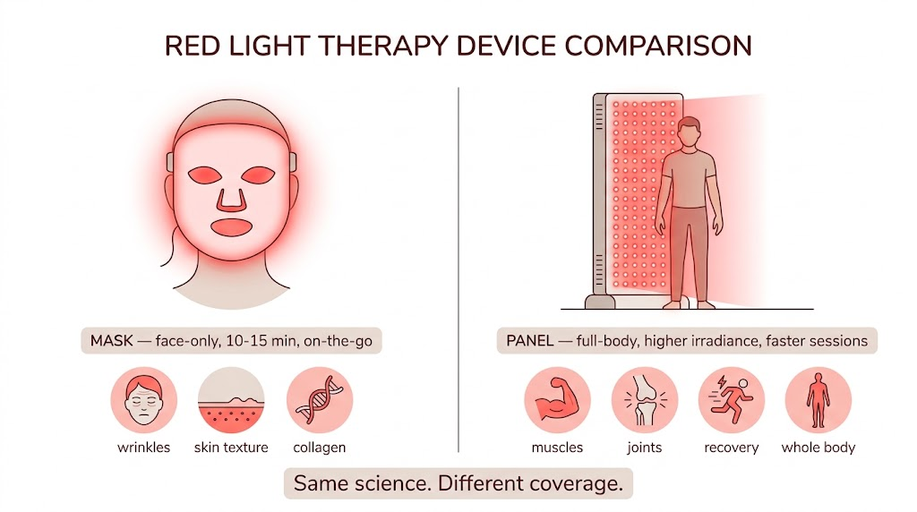 Red light mask vs panel comparison: mask covers the face for 10-15 minute skincare sessions, panel covers the whole body with higher irradiance for muscle and joint recovery