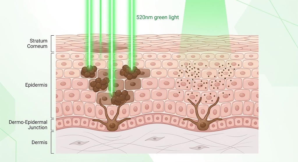 Green 520nm light modulating melanocyte activity and breaking up melanin clusters in the epidermis