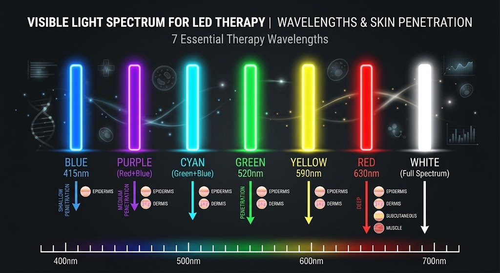 Spectrum chart of the seven LED mask colors with their wavelengths and skin targets