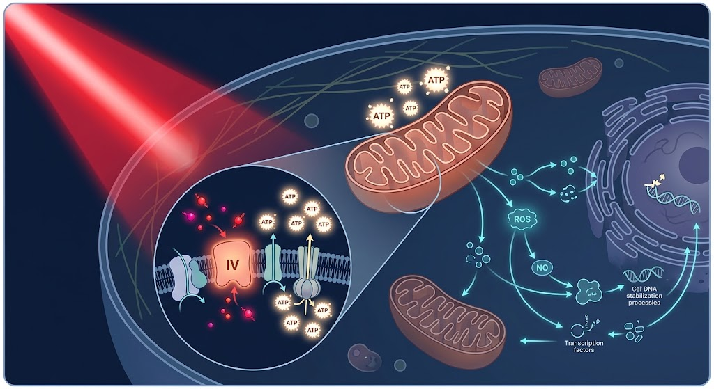 How Red Light Therapy Boosts Cellular Energy (ATP) Illustration of red light photons absorbed by mitochondria producing ATP energy in cells