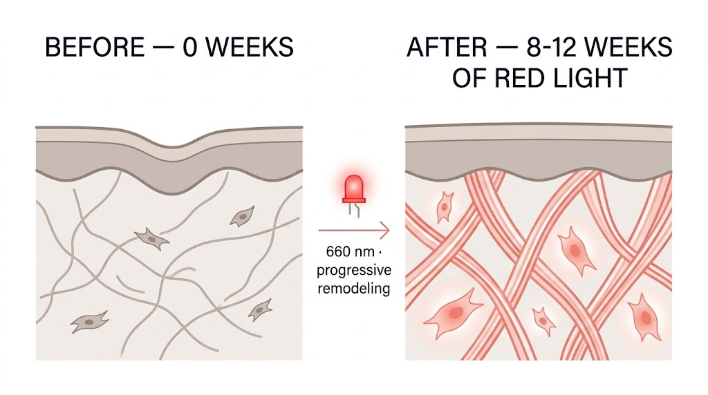 Red light therapy skin tightening: cross-section comparison showing thinner collagen before treatment and denser, firmer collagen after 8-12 weeks of consistent red light sessions
