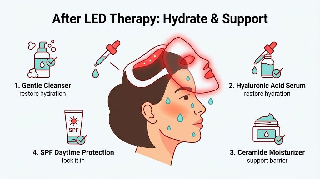 Post LED therapy skincare steps: gentle cleanse, hyaluronic acid serum, ceramide moisturizer, and SPF for daytime