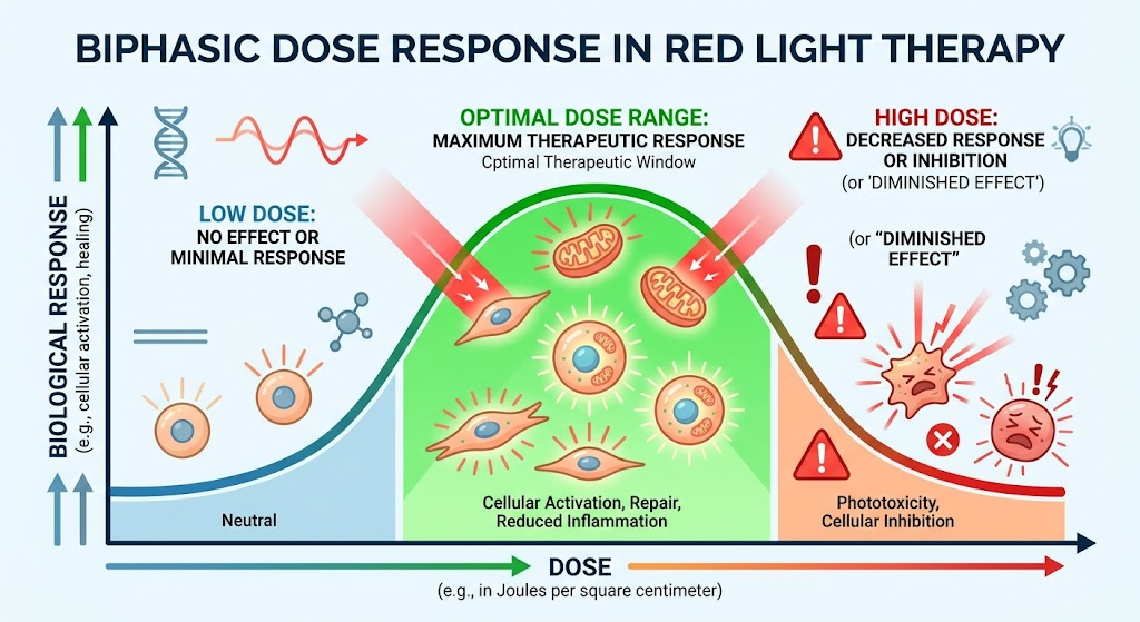 The Biphasic Dose Response: Why More Isn't Better Biphasic dose response curve showing the therapeutic window for LED masks