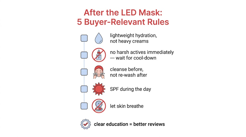 Five post-treatment rules for LED mask users: lightweight hydration, no harsh actives immediately, cleanse before not after, daily SPF, let skin breathe before makeup