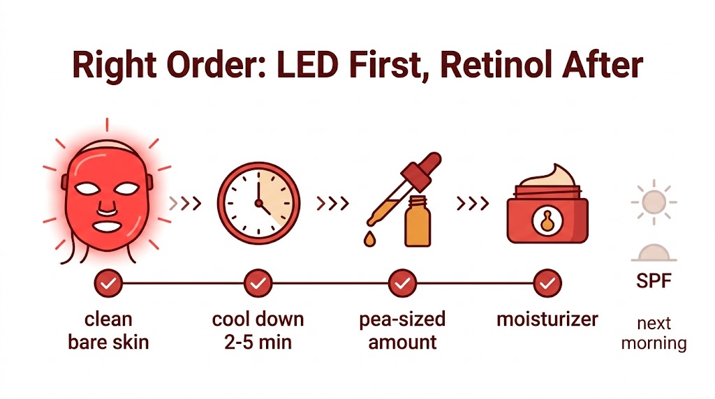 Correct order for retinol and LED mask: LED therapy on clean skin, cool down 2-5 minutes, apply pea-sized retinol, moisturize with ceramides, SPF next morning
