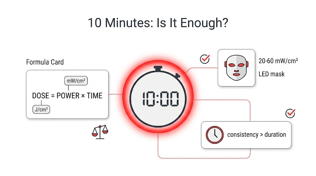 Infographic showing whether 10 minutes of red light therapy is enough: dose equals power times time, with typical mask irradiance and consistency message