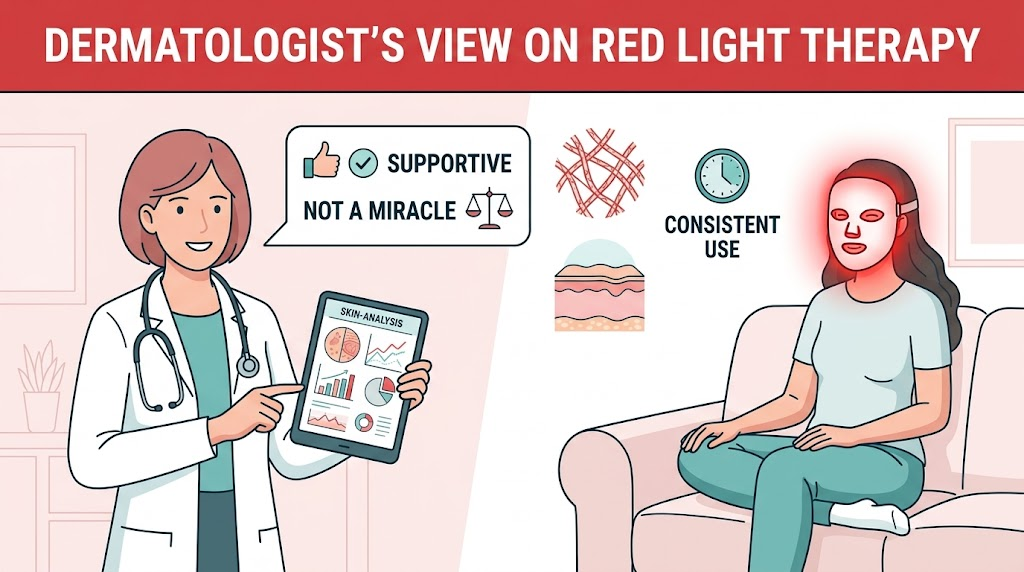 Dermatologist discussing red light therapy: balanced view of supportive treatment with at-home LED mask use and consistent routine icons