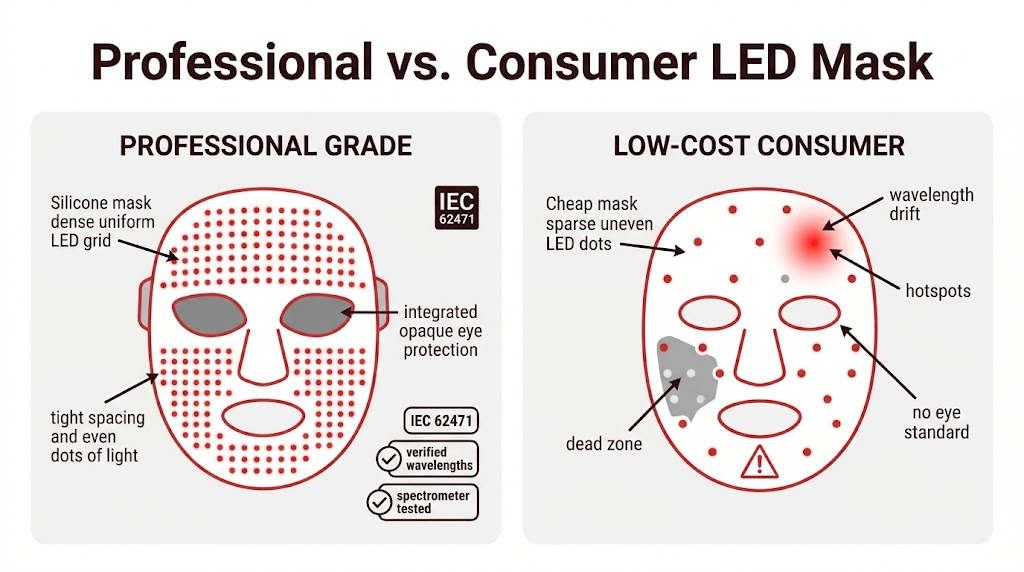What Are the Disadvantages of an LED Mask? Professional vs Consumer Professional vs low-cost LED mask comparison: dense uniform LED grid with eye protection and verified wavelengths versus sparse LEDs with hotspots, dead zones and no eye safety standard