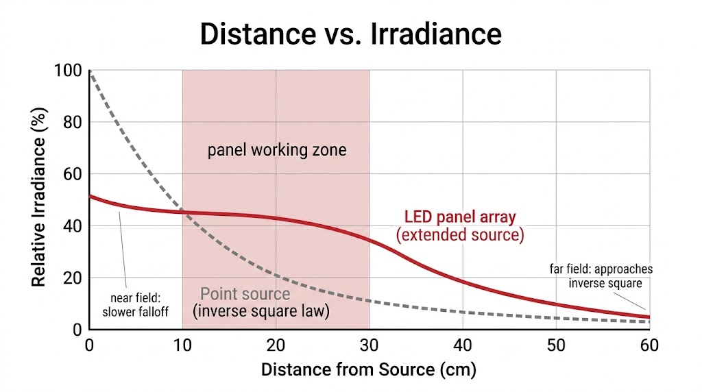 How Close Does Red Light Need to Be? The Distance-Irradiance Relationship Distance vs irradiance chart for red light therapy: LED panel arrays fall off more slowly than point sources, with the working zone between 10 and 30 cm