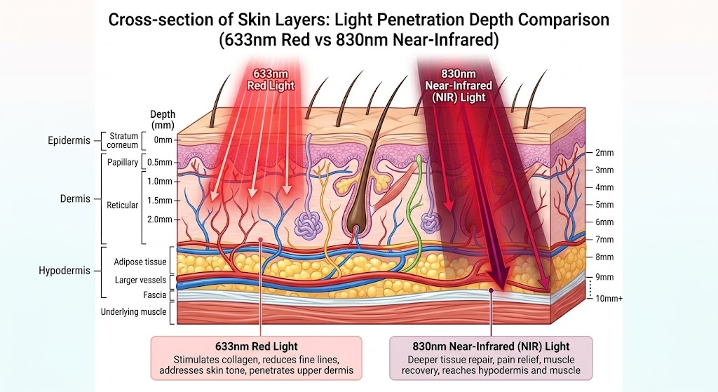 Comparison of red 633nm and near-infrared 830nm light penetration depth through skin layers