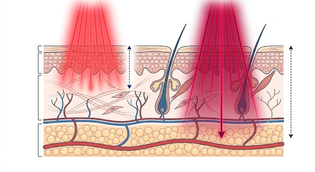 How Red and Near-Infrared Wavelengths Reach Skin and Muscle Red 660nm and near-infrared 850nm wavelengths penetrating skin and muscle tissue from an LED panel