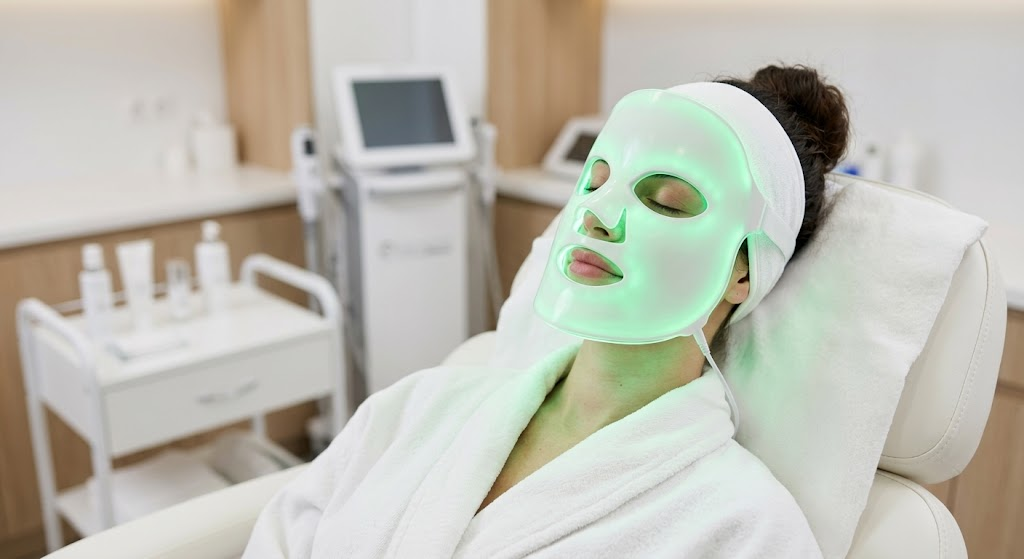 Woman receiving green light therapy with soft green LED glow on her face