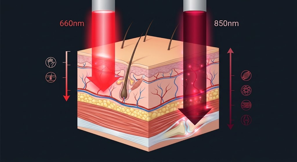 Red vs Near-Infrared Penetration Depth Comparison Cross-section showing red light penetrating to dermis and near-infrared penetrating to muscle and joints
