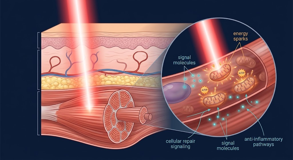 Illustration of near-infrared light reaching mitochondria in muscle cells to boost cellular repair