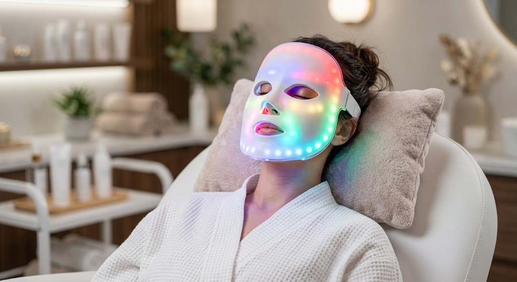 Woman wearing a 7-color LED light therapy face mask glowing with multiple wavelengths
