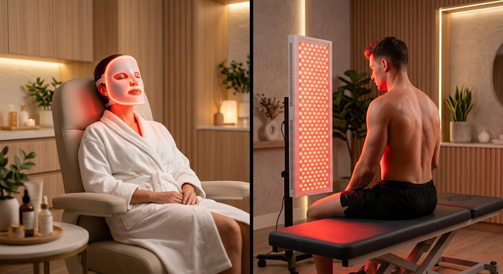 The Purpose of Red Light Therapy — Science and Applications Red light therapy applications — LED face mask for skin and light panel for muscle recovery