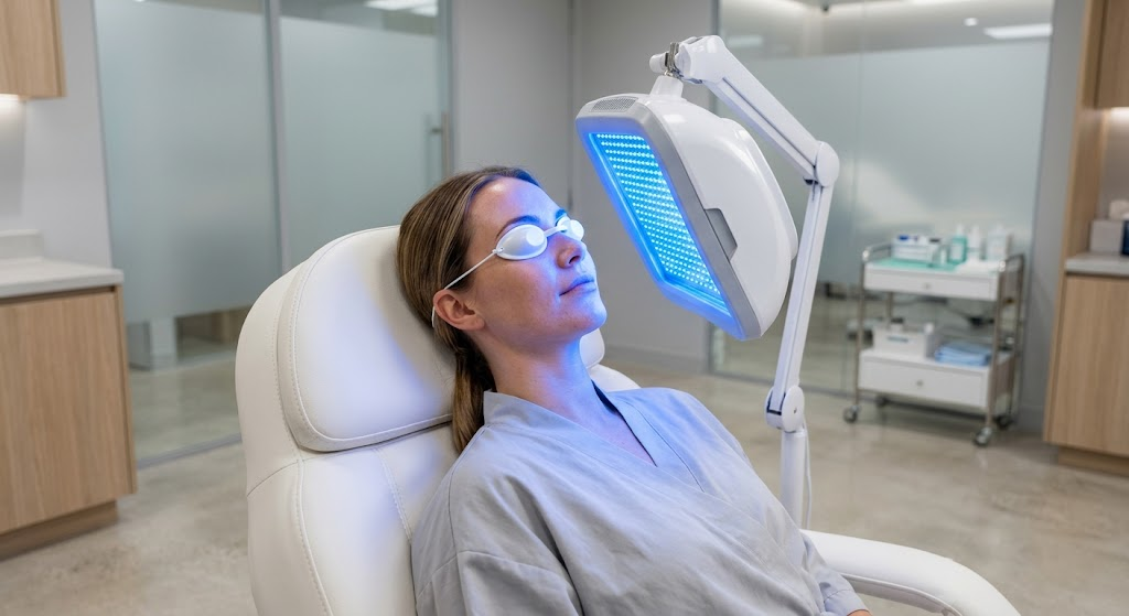 What Is Blue Light Therapy For — LED vs PDT Explained Woman receiving blue light therapy treatment in a dermatology clinic