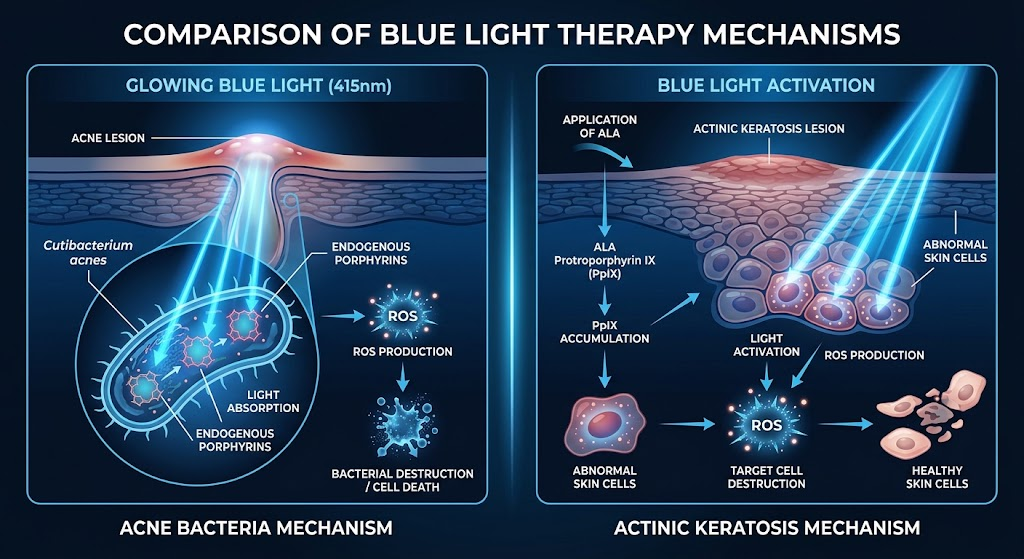 Blue LED vs PDT — Two Mechanisms of Blue Light Therapy Comparison diagram of blue LED acne treatment versus ALA-photosensitizer PDT mechanism