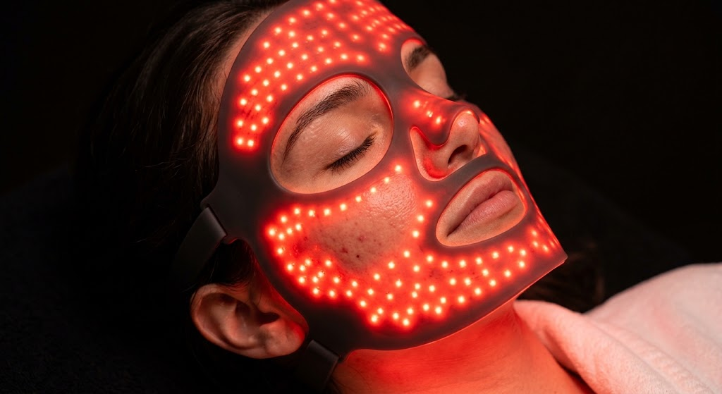 Close-up of a woman's face glowing under red light therapy from an LED mask