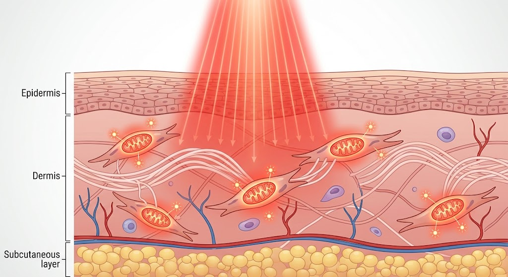 Skin cross-section showing red light reaching fibroblasts and stimulating collagen production