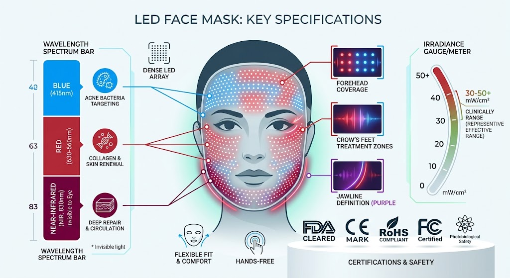 Infographic of LED mask specifications — wavelength, irradiance, LED coverage, certification