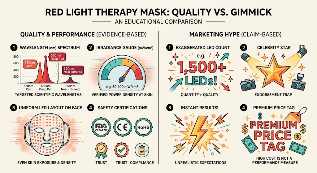 Comparison infographic of good mask standards versus marketing traps