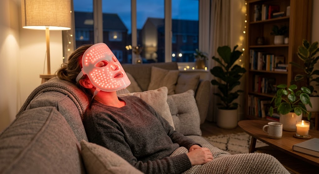 How to Use a Red Light Therapy Mask — Step-by-Step Relaxed woman wearing a red light therapy LED mask during an evening home session