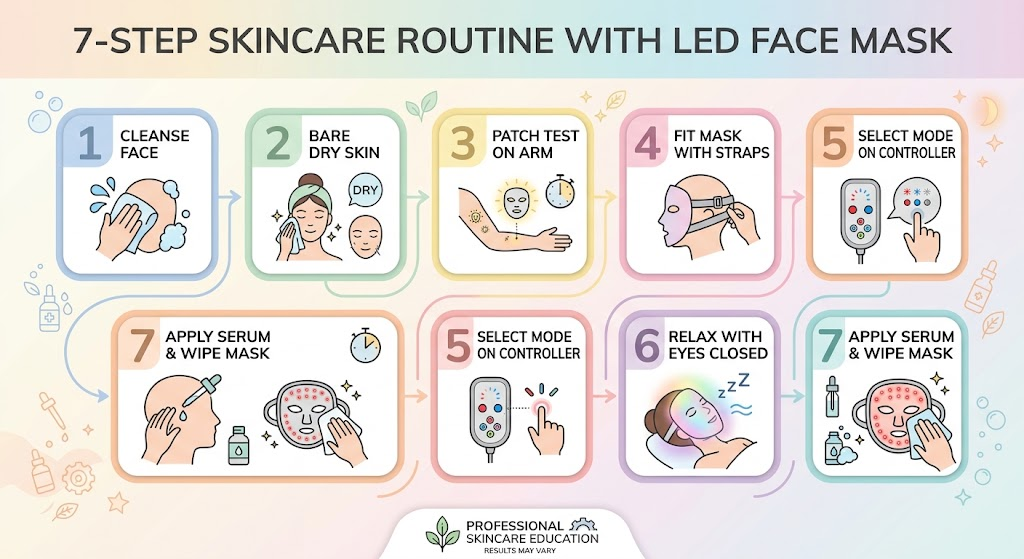 The 7-Step Red Light Therapy Mask Routine Seven-step infographic of the red light therapy mask routine