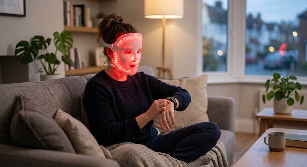 Woman checking session timer while wearing a red light therapy LED mask