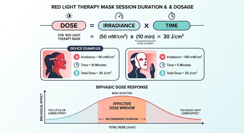 Infographic of the dose formula and session duration for LED masks