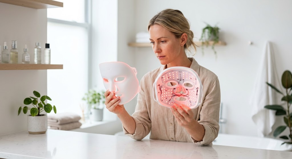 How to Choose a Red Light Therapy Mask — Decision Framework Woman comparing two red light therapy LED masks side by side