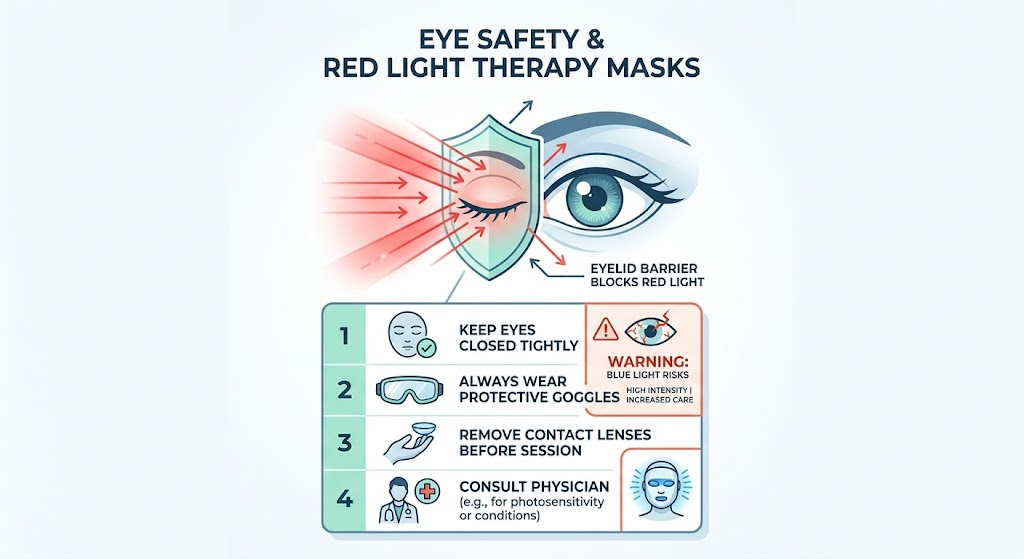 Eye safety infographic for red light therapy mask use