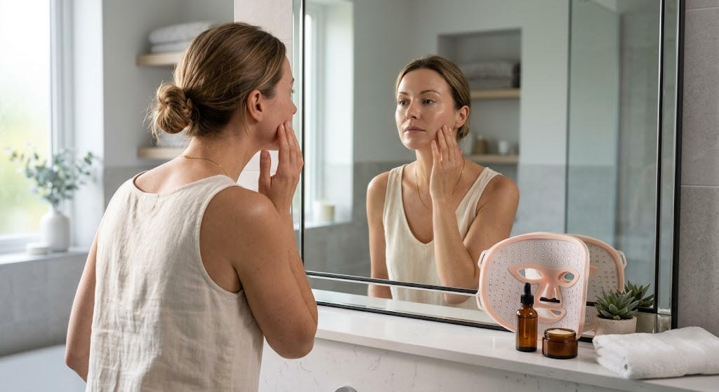 Can You Overuse a Red Light Therapy Mask? Woman checking her skin in the mirror after a red light therapy session