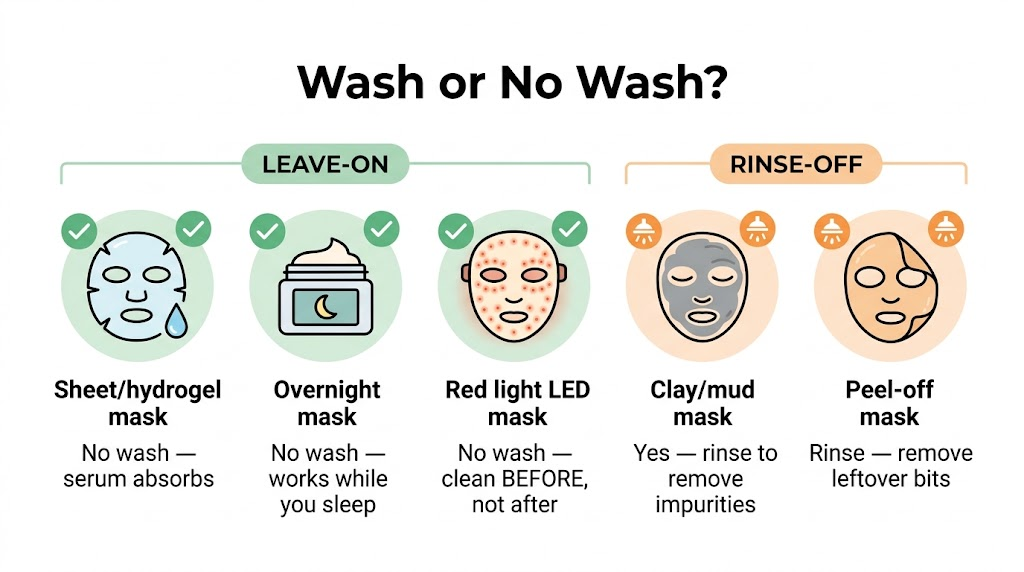 Should I Wash My Face After Using a Facial Mask? The Quick Guide Five mask types wash-or-no-wash guide: leave-on for sheet, overnight, and red light therapy masks; rinse-off for clay and peel-off masks
