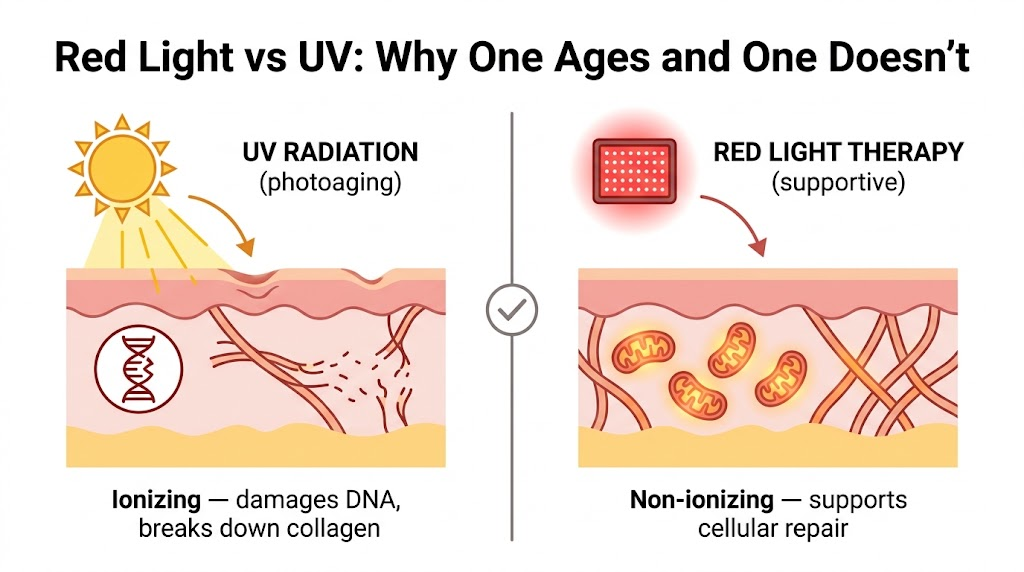 Red light vs UV comparison: UV radiation damages DNA and breaks down collagen causing photoaging, while red light therapy is non-ionizing and supports cellular repair