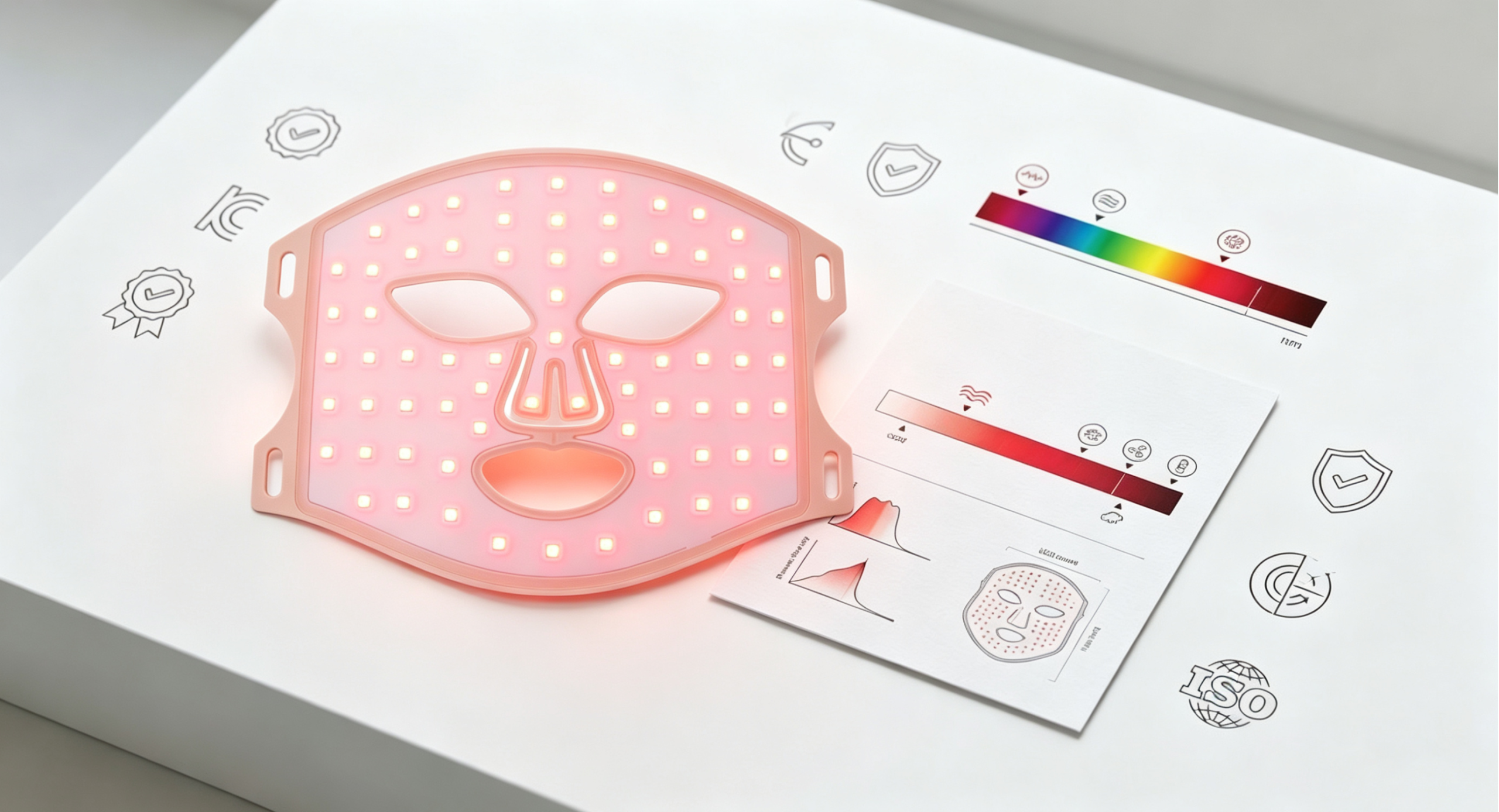 Red light therapy LED mask glowing next to specification and certification elements