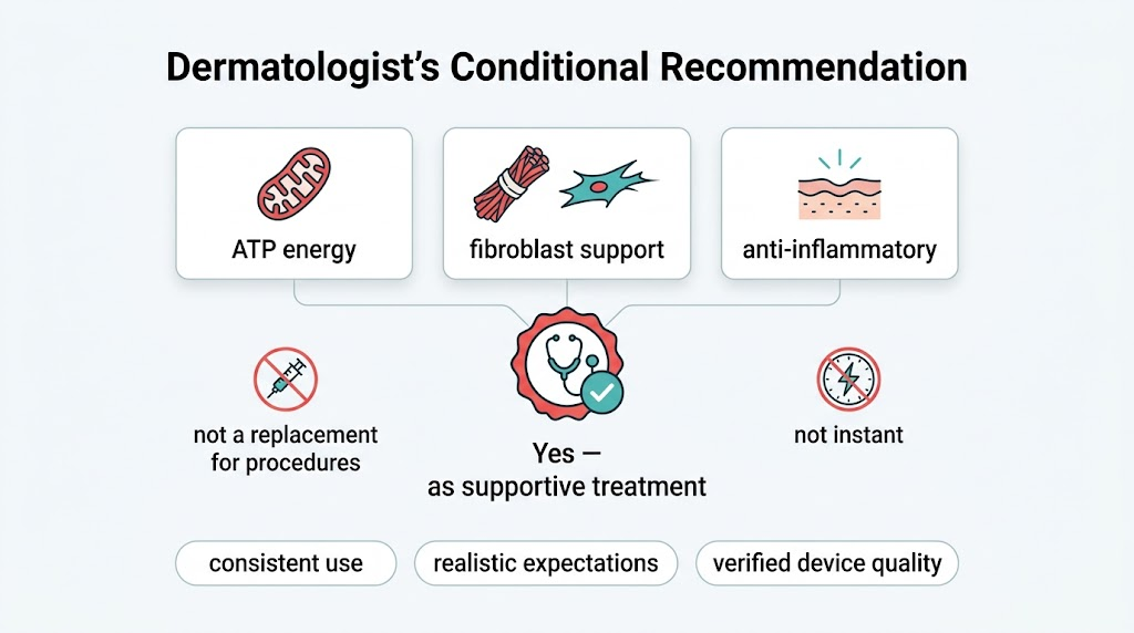 Do Dermatologists Recommend Red Light Therapy? Dermatologist's conditional recommendation for red light therapy: supportive for collagen, recovery and anti-inflammatory goals, with consistent use and verified device quality as conditions