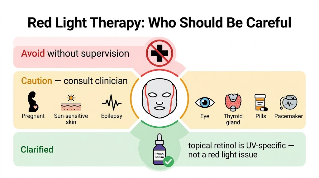 Who Cannot Use Red Light Therapy? A Graded Safety Guide Red light therapy contraindication zones: avoid over cancer areas without supervision, caution with pregnancy photosensitivity epilepsy eye thyroid medications implants, topical retinol clarified as not a red light issue