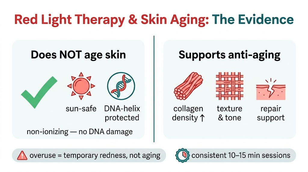 Red light therapy and skin aging evidence: left panel confirms it does not age skin as non-ionizing light, right panel shows collagen density texture and repair anti-aging support