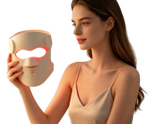 Woman inspecting a red light therapy LED face mask with visible silicone structure
