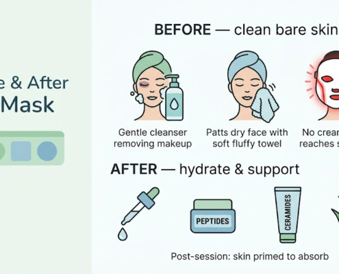 Before and after LED mask skincare guide: clean bare skin before treatment, hydrating serums and ceramides after