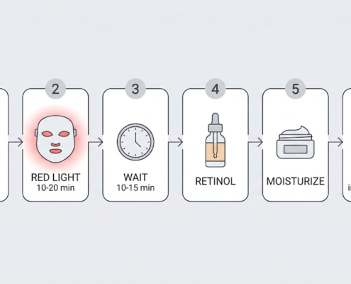 Six-step routine flowchart: cleanse, red light therapy 10-20 minutes on bare skin, wait 10-15 minutes, apply retinol, moisturize, wear SPF 30+ daily
