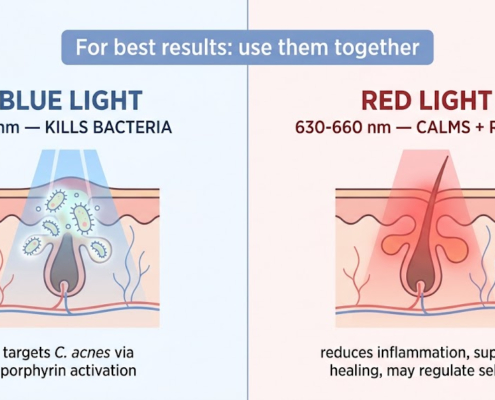 Comparison of blue light (415 nm) killing C. acnes bacteria and red light (630-660 nm) reducing inflammation and supporting healing — best used together for acne