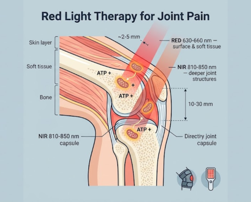 Cross-section illustration of a knee joint showing red light 630-660 nm reaching skin and soft tissue while near-infrared 810-850 nm penetrates deeper to the joint capsule
