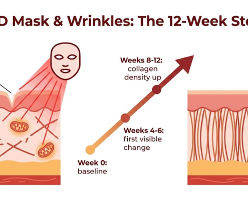 How LED masks work for wrinkles: red light reaches the dermis, stimulates collagen over 4-6 to 8-12 weeks, and smooths fine lines