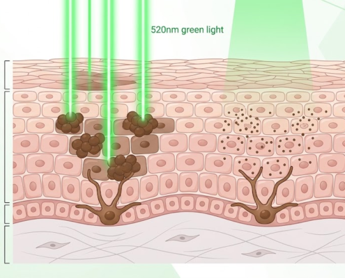 Green 520nm light modulating melanocyte activity and breaking up melanin clusters in the epidermis