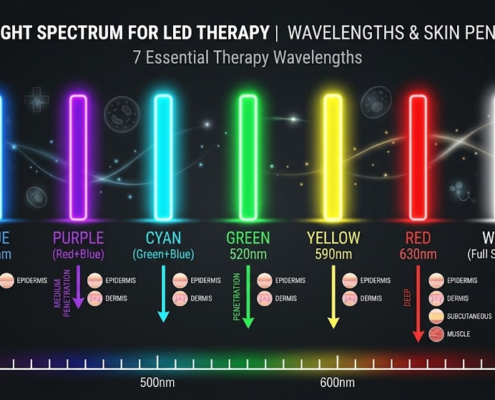 Spectrum chart of the seven LED mask colors with their wavelengths and skin targets